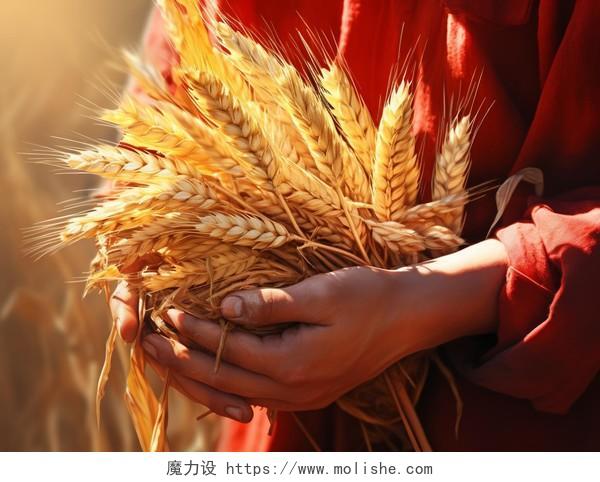 立秋农忙农民用手拿麦穗场景图粮食秋收图收获的季节
